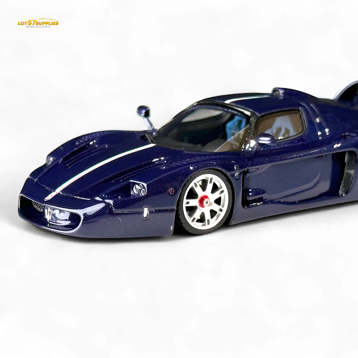Blue Maserati MC12 Stradale Corsa diecast model in 1:64 scale, detailed miniature car from Lot57Supplies Diecast Shop.