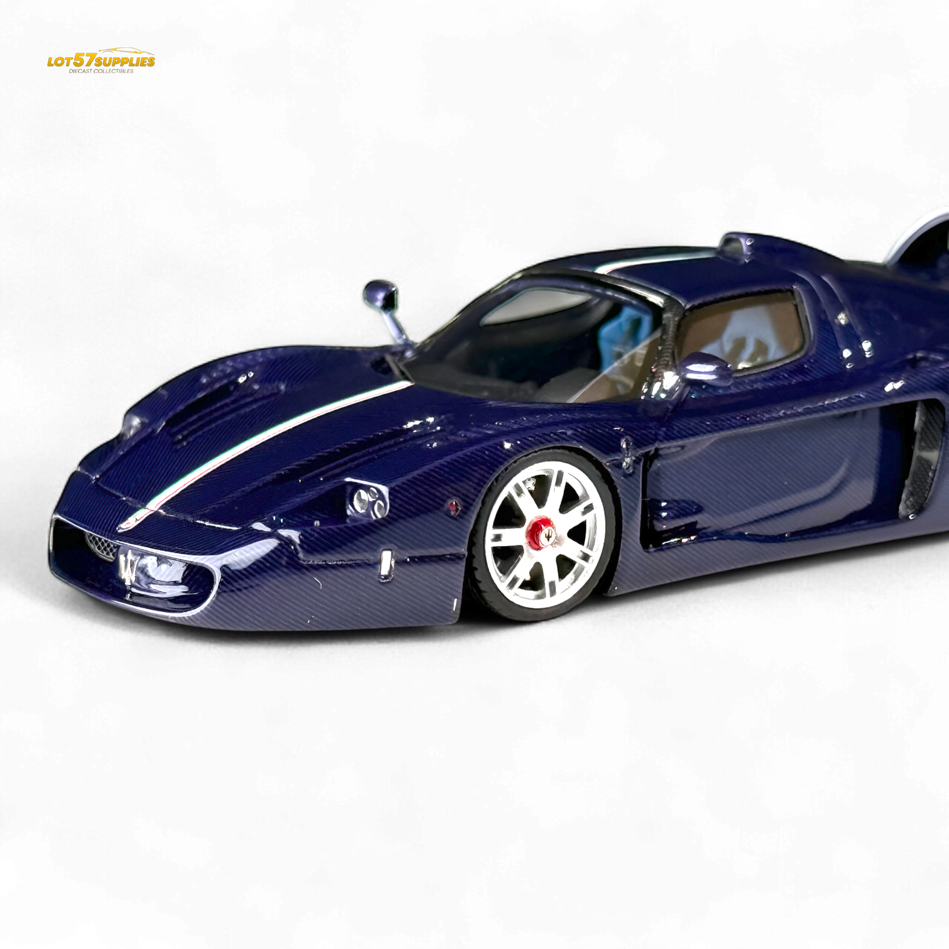 Blue Maserati MC12 Stradale Corsa diecast model in 1:64 scale, detailed miniature car from Lot57Supplies Diecast Shop.