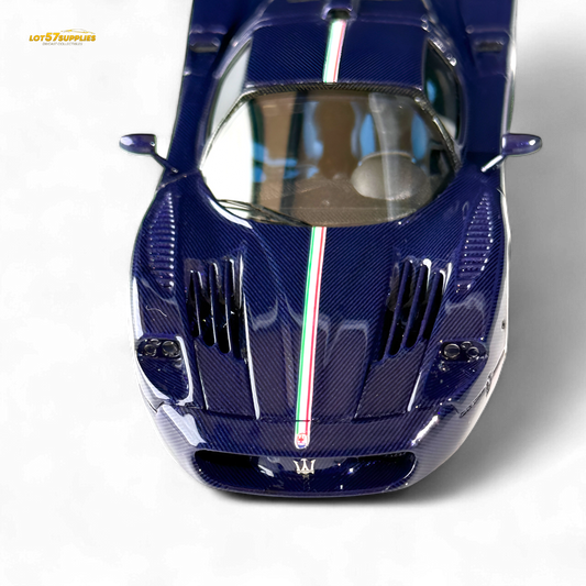 Blue Maserati MC12 Stradale Corsa diecast model in 1:64 scale, detailed blue carbon fiber design from Lot57Supplies Diecast Shop