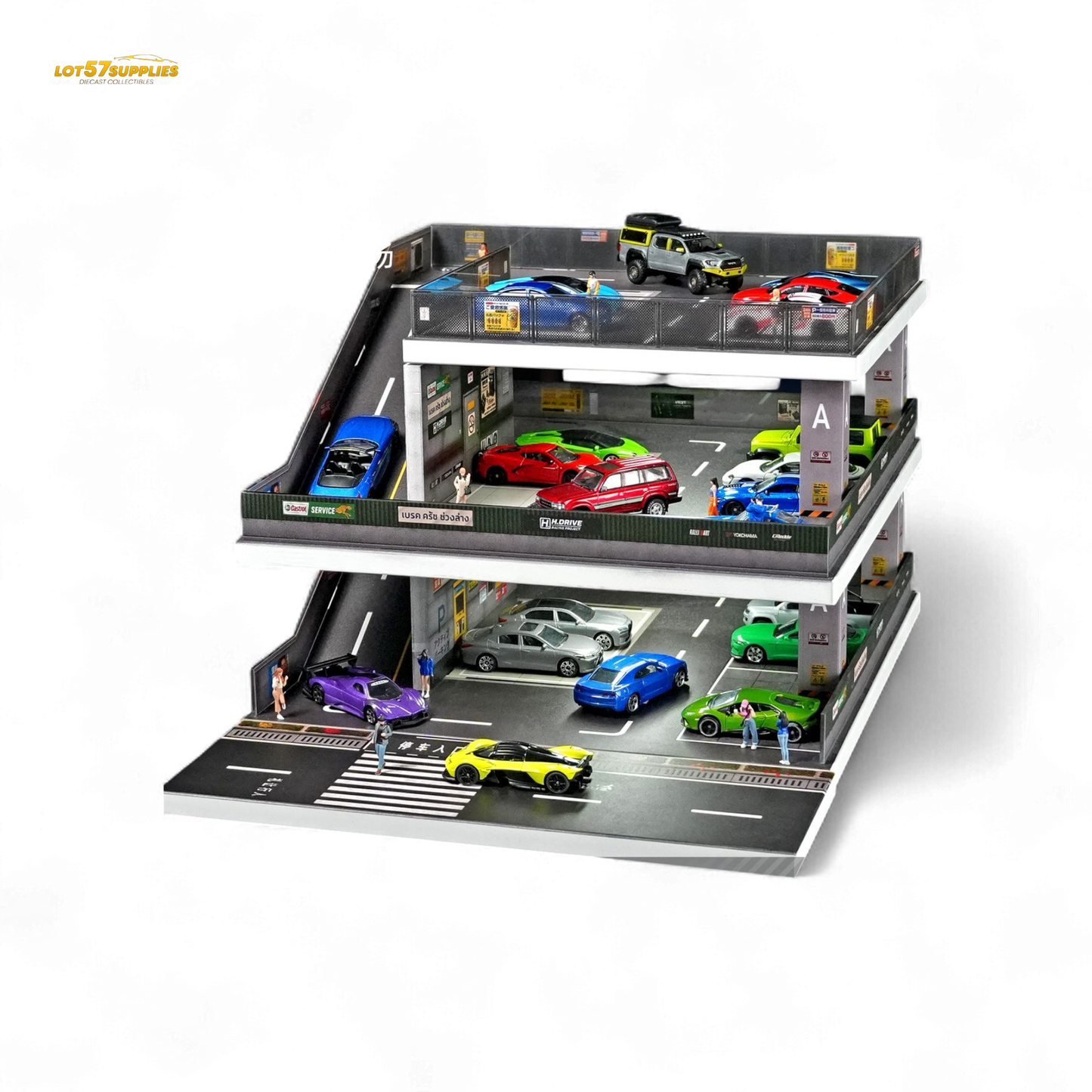 Detailed diorama of a Japanese ramp parking lot in 1:64 scale by Lot57Supplies Diecast Shop, showcasing realistic miniature parking scene