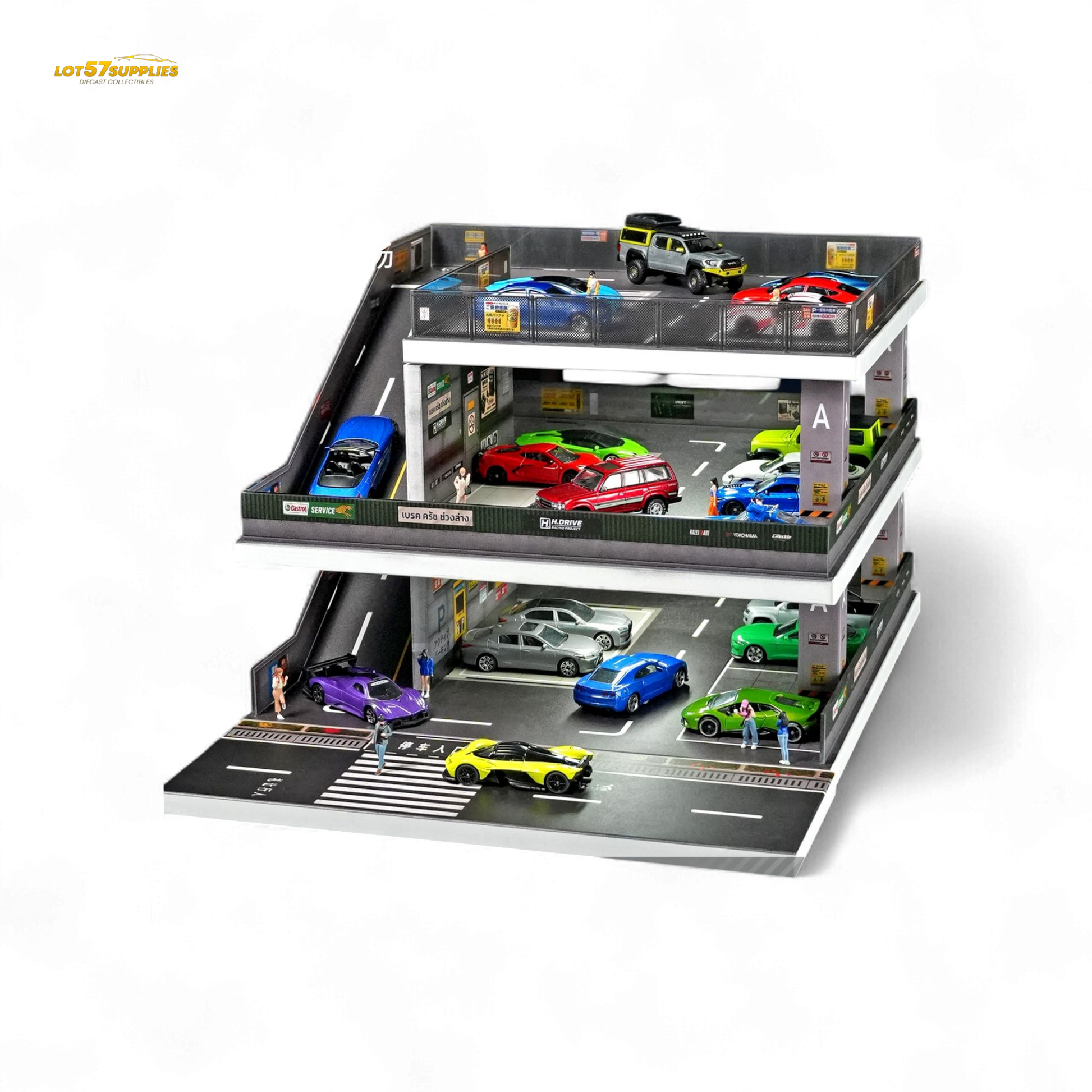 Detailed diorama of a Japanese ramp parking lot in 1:64 scale by Lot57Supplies Diecast Shop, showcasing realistic miniature parking scene