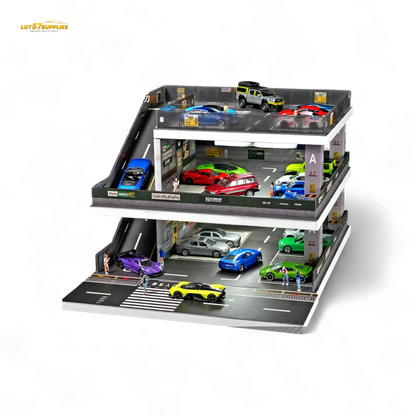 Detailed diorama of a Japanese ramp parking lot in 1:64 scale by Lot57Supplies Diecast Shop, showcasing realistic miniature parking scene