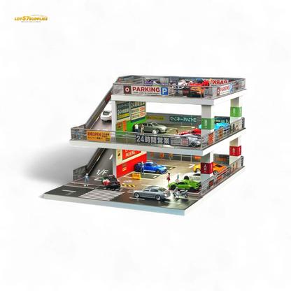 Dark green Japanese ramp parking lot diorama with detailed parking spaces, scale 1:64, by Lot57Supplies Diecast Shop.