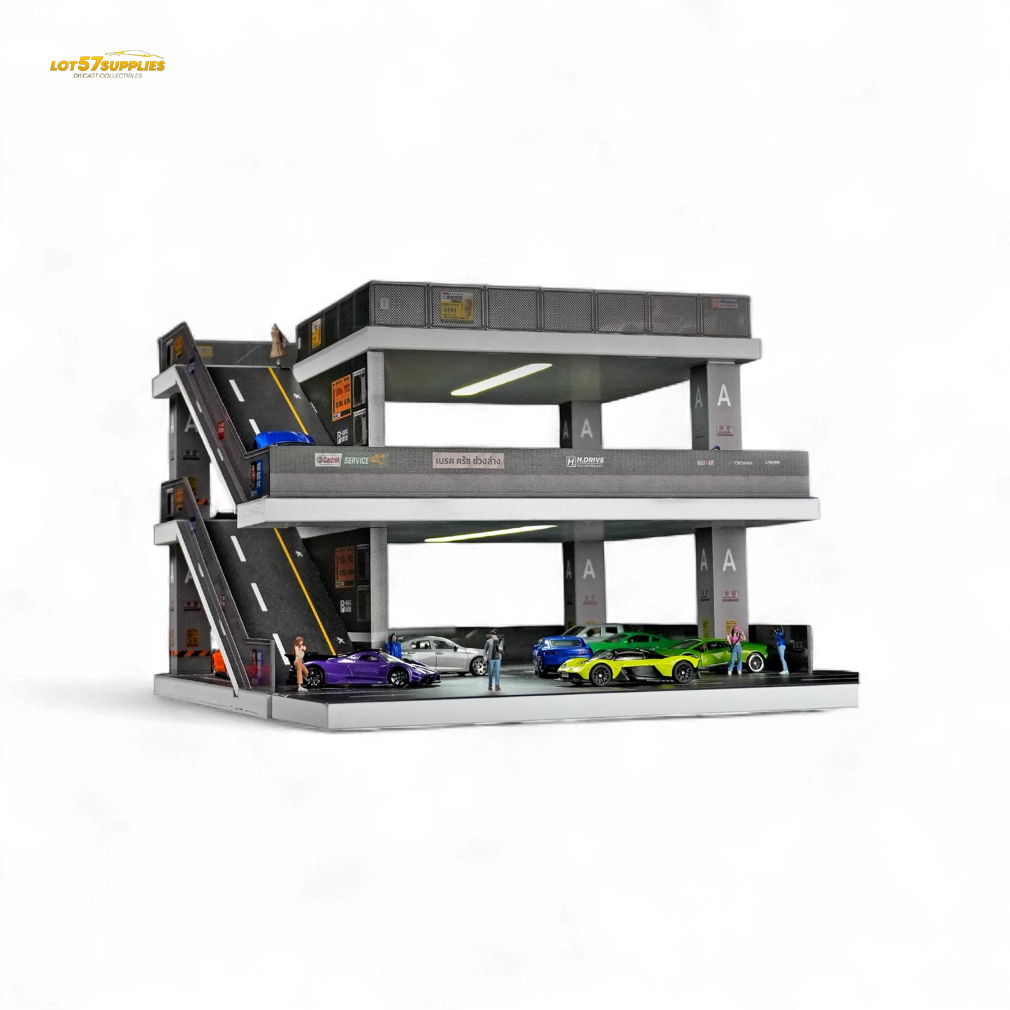 Detailed diorama of a Japanese ramp parking lot in 1:64 scale, featuring realistic miniature cars and parking structures.