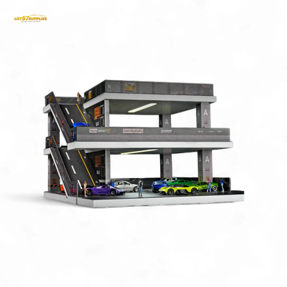 Detailed diorama of a Japanese ramp parking lot in 1:64 scale, featuring realistic miniature cars and parking structures.