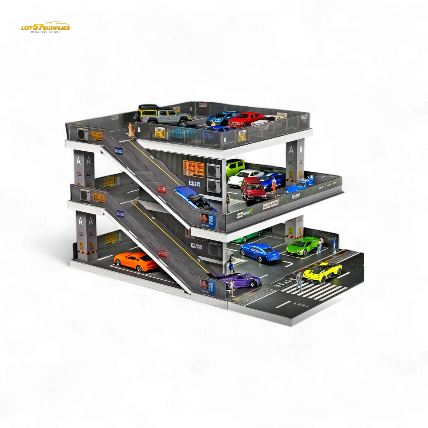 Detailed image of the Shou Cang Jia Japanese Ramp Parking Lot diorama in 1:64 scale by Lot57Supplies Diecast Shop, showing ramps and parking details.