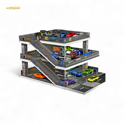 Detailed image of the Shou Cang Jia Japanese Ramp Parking Lot diorama in 1:64 scale by Lot57Supplies Diecast Shop, showing ramps and parking details.