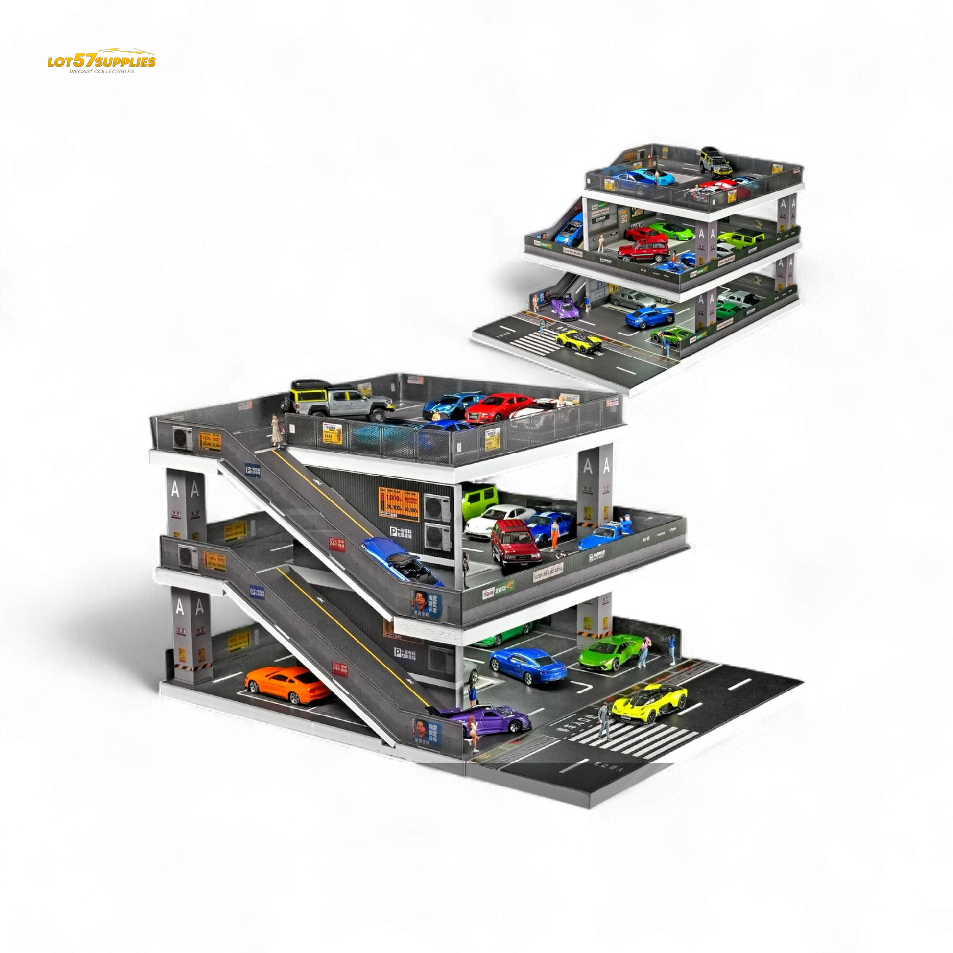 Detailed image of the Shou Cang Jia Japanese Ramp Parking Lot diorama in 1:64 scale by Lot57Supplies Diecast Shop, featuring miniature parking ramps.