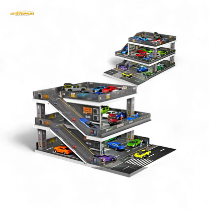 Detailed image of the Shou Cang Jia Japanese Ramp Parking Lot diorama in 1:64 scale by Lot57Supplies Diecast Shop, featuring miniature parking ramps.