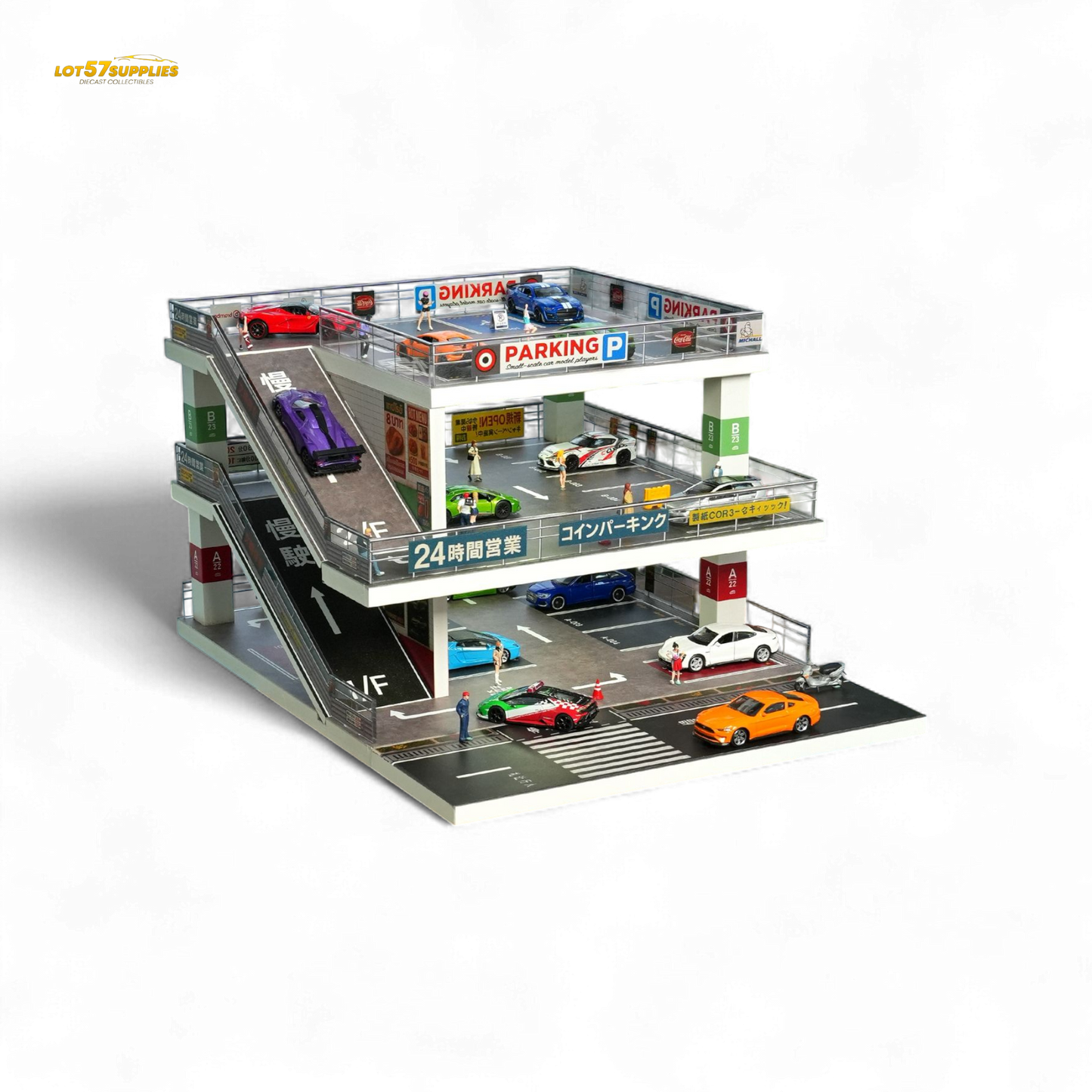 Dark green Japanese ramp diorama for 1:64 scale diecast cars, featuring parking lot details and Lot57Supplies branding