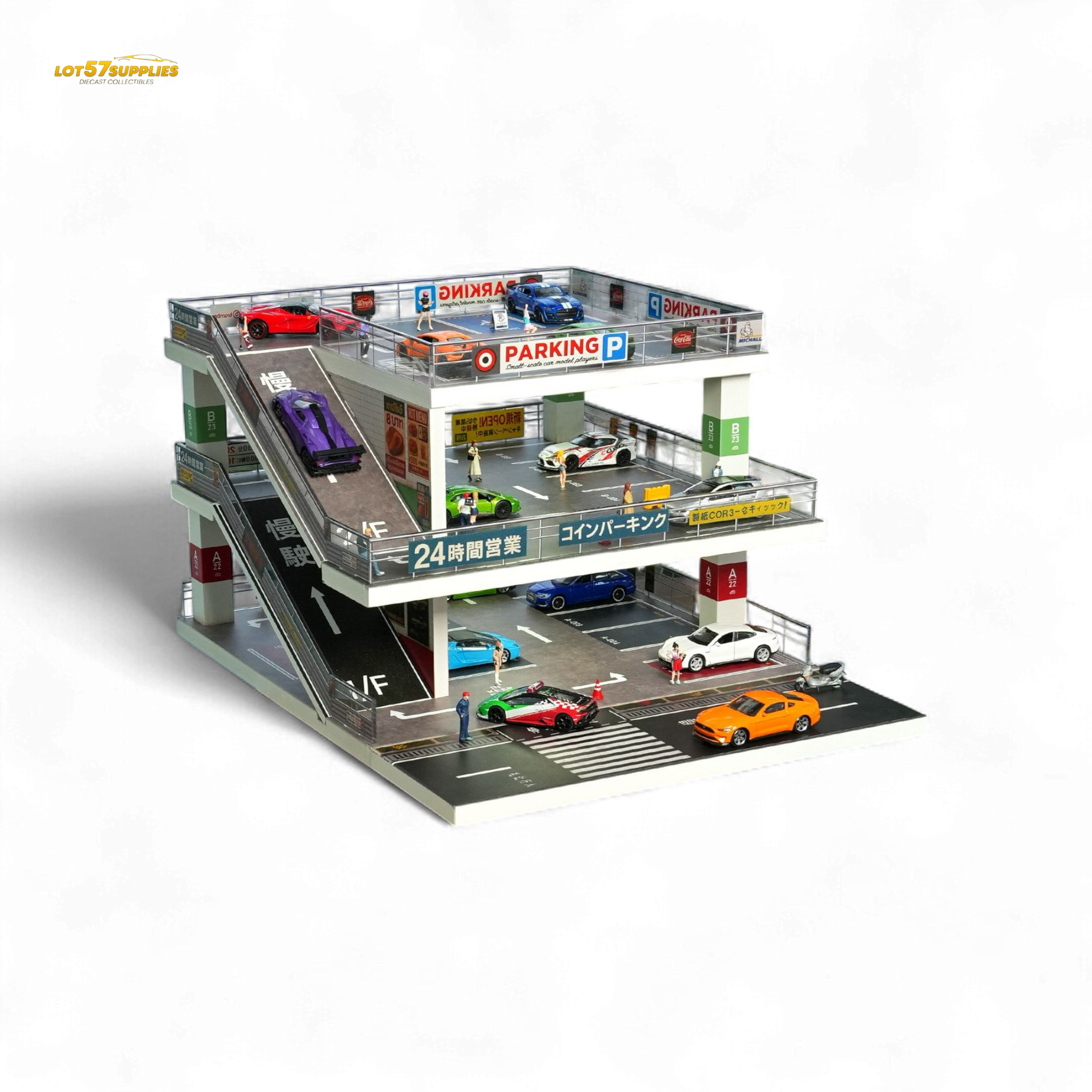 Dark green Japanese ramp diorama for 1:64 scale diecast cars, featuring parking lot details and Lot57Supplies branding