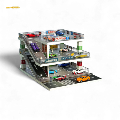 Dark green Japanese ramp diorama for 1:64 scale diecast cars, featuring parking lot details and Lot57Supplies branding