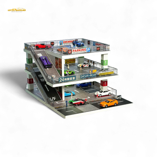 Dark green Japanese ramp diorama for 1:64 scale diecast cars, featuring parking lot details and Lot57Supplies branding
