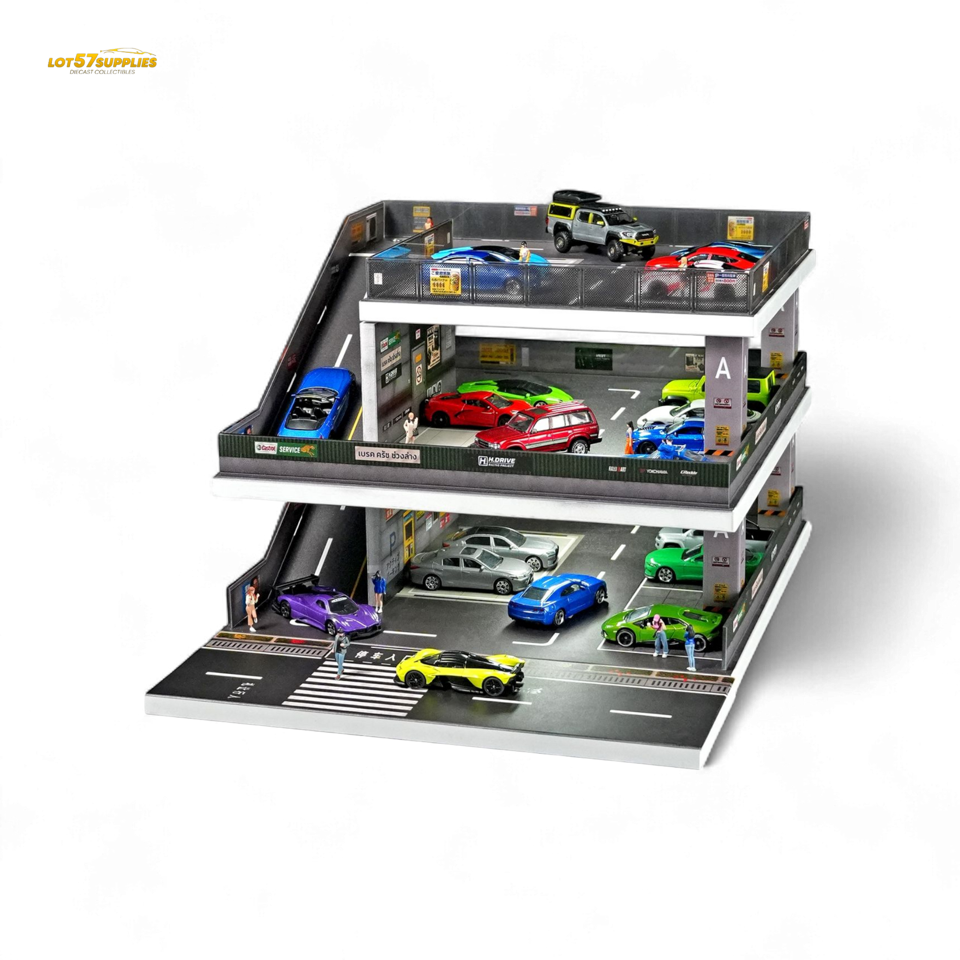 Detailed diorama of a Japanese ramp parking lot in 1:64 scale, featuring realistic miniatures by Lot57Supplies Diecast Shop