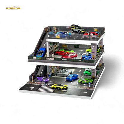 Detailed diorama of a Japanese ramp parking lot in 1:64 scale, featuring realistic miniatures by Lot57Supplies Diecast Shop