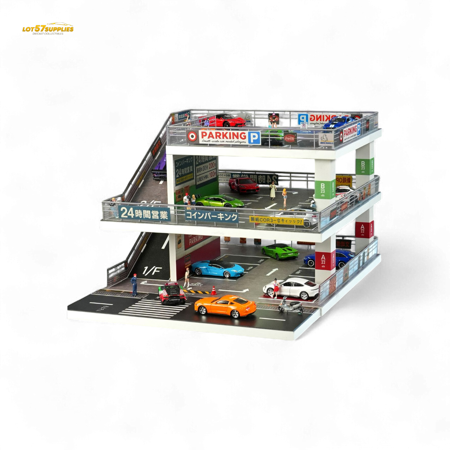 Dark green Japanese ramp parking lot diorama in 1:64 scale by Lot57Supplies Diecast Shop featuring detailed parking structure.