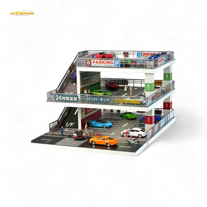 Dark green Japanese ramp parking lot diorama in 1:64 scale by Lot57Supplies Diecast Shop featuring detailed parking structure.