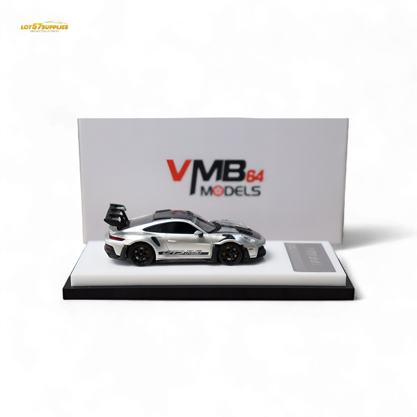 Silver 1:64 scale Porsche 992 GT3 RS diecast model from Lot57Supplies, detailed view of the VMB Porsche collectible car.
