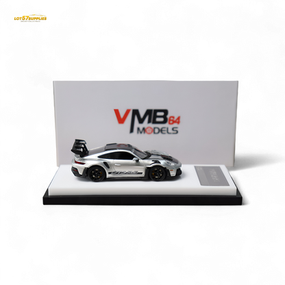 Silver 1:64 scale Porsche 992 GT3 RS diecast model from Lot57Supplies, detailed view of the VMB Porsche collectible car.