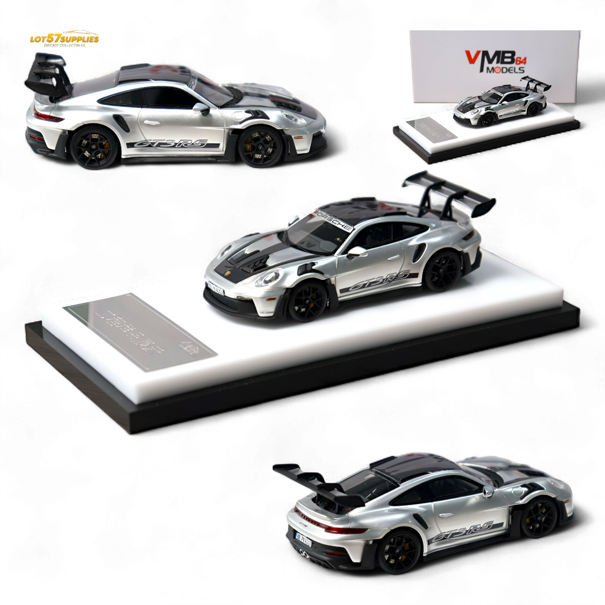 Silver Porsche 992 GT3 RS diecast model in 1:64 scale from Lot57Supplies, detailed miniature vehicle for collectors.