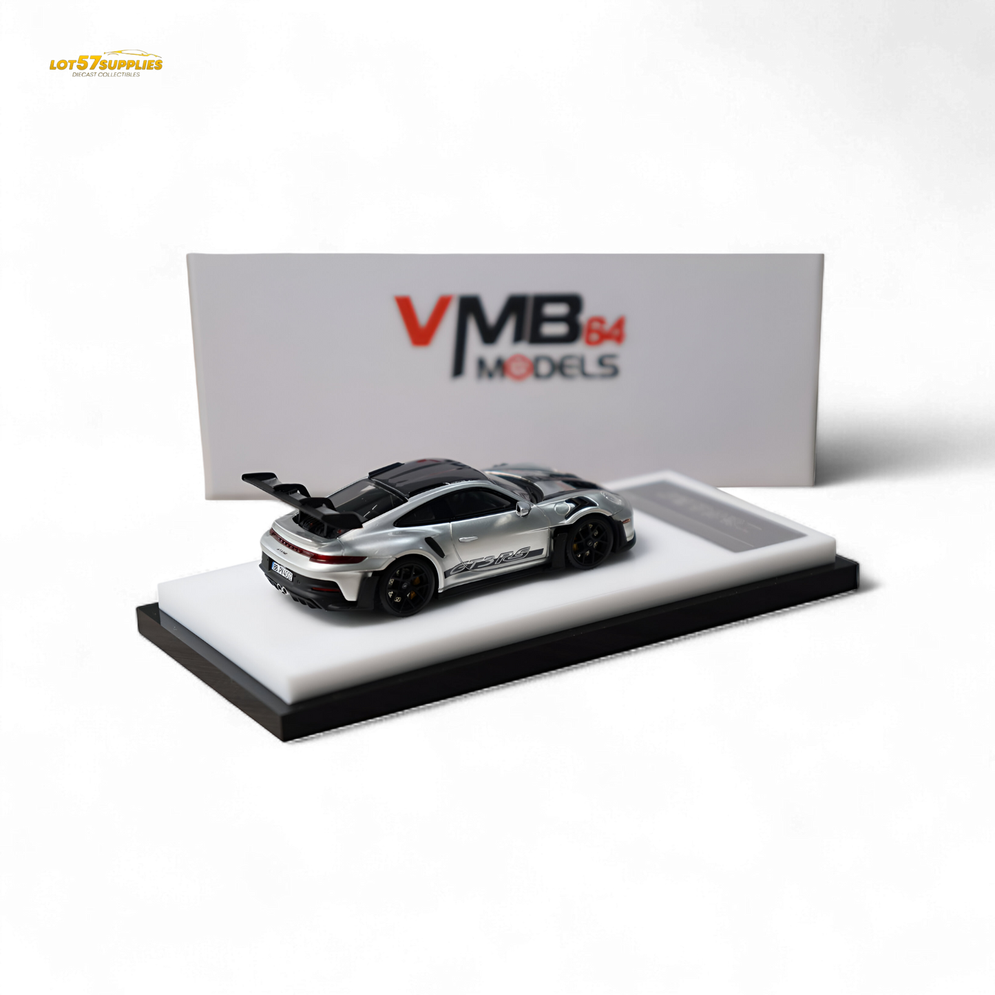 Silver Porsche 992 GT3 RS diecast model in 1:64 scale, detailed miniature from Lot57Supplies Diecast Shop.