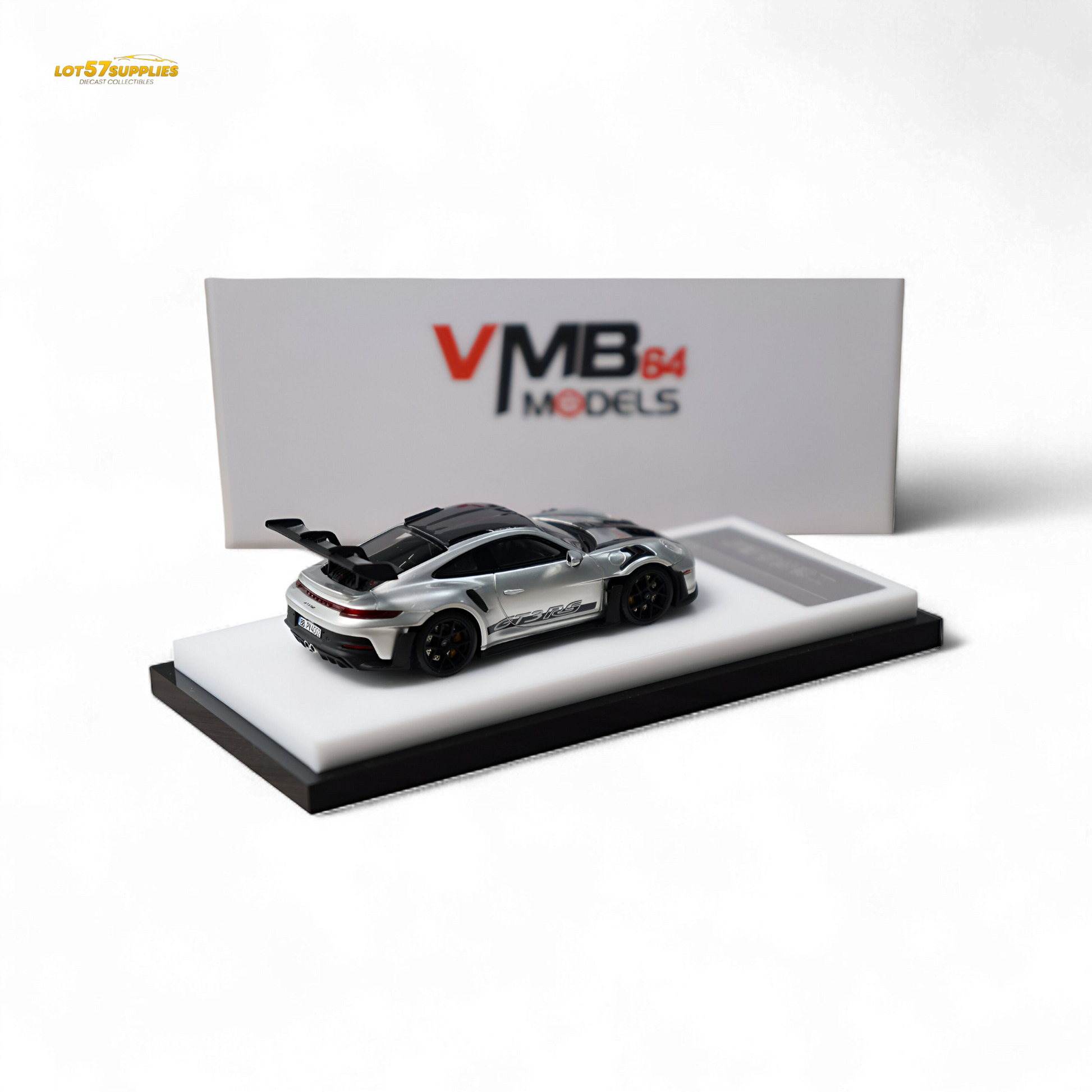 Silver Porsche 992 GT3 RS diecast model in 1:64 scale, detailed miniature from Lot57Supplies Diecast Shop.