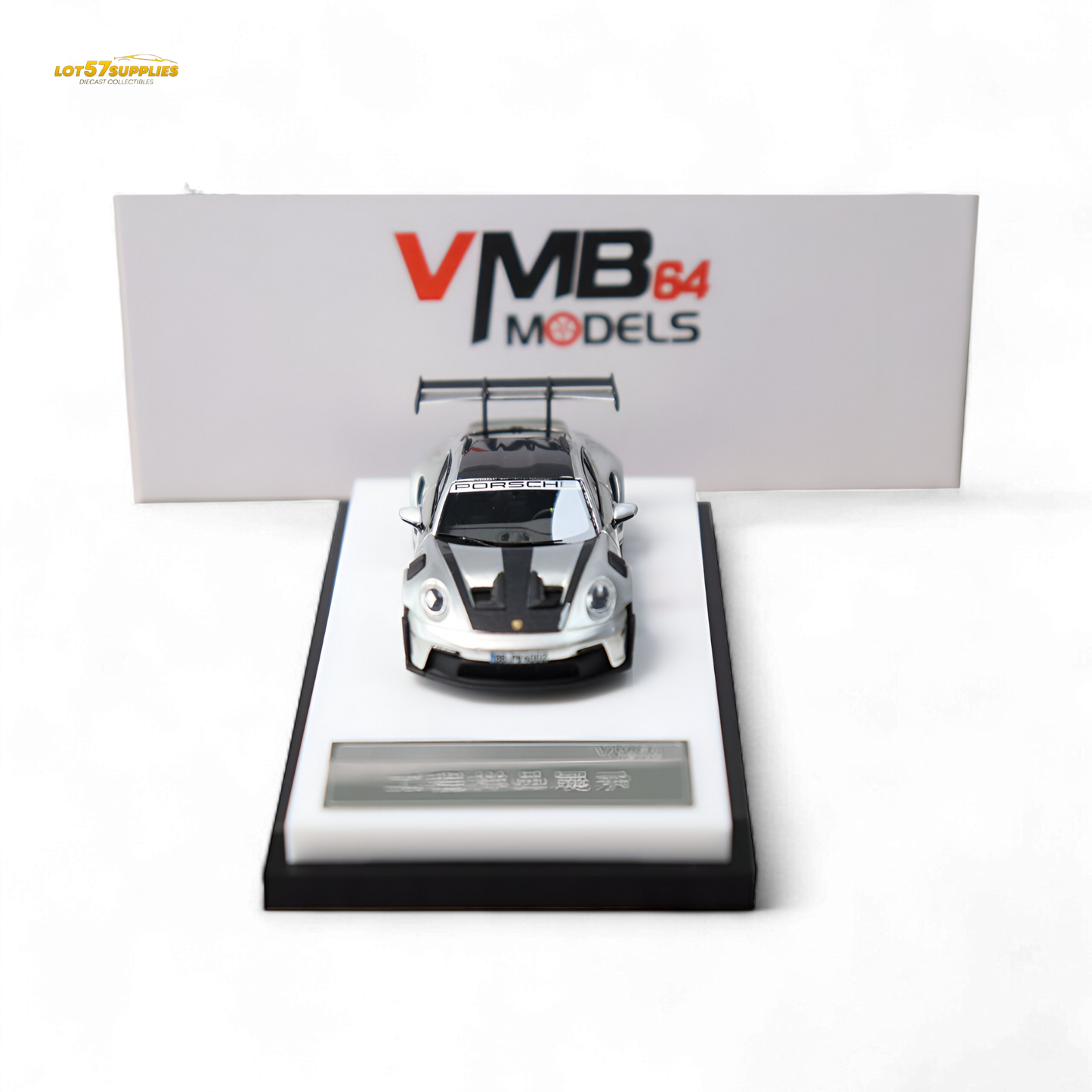 Silver 1:64 scale VMB Porsche 992 GT3 RS diecast model car in GT Silver color from Lot57Supplies Diecast Shop.