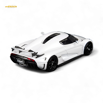 White 1:64 scale Regera model car from SC Art Regera collection, showcasing detailed design and pearl white finish.