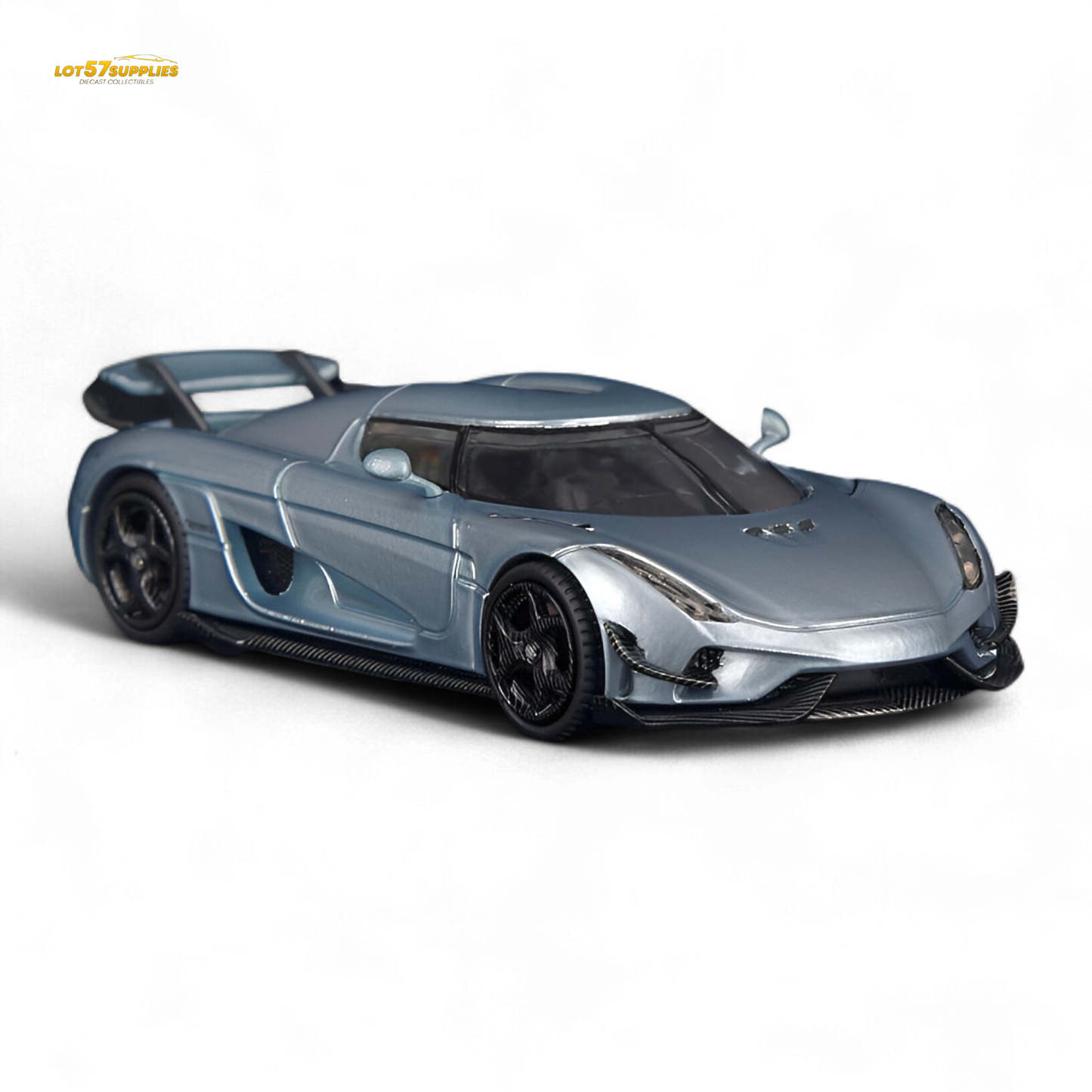 Miniature blue Regera diecast car model in 1:64 scale by Lot57Supplies Diecast Shop, showcasing detailed design and vibrant glacier blue color.