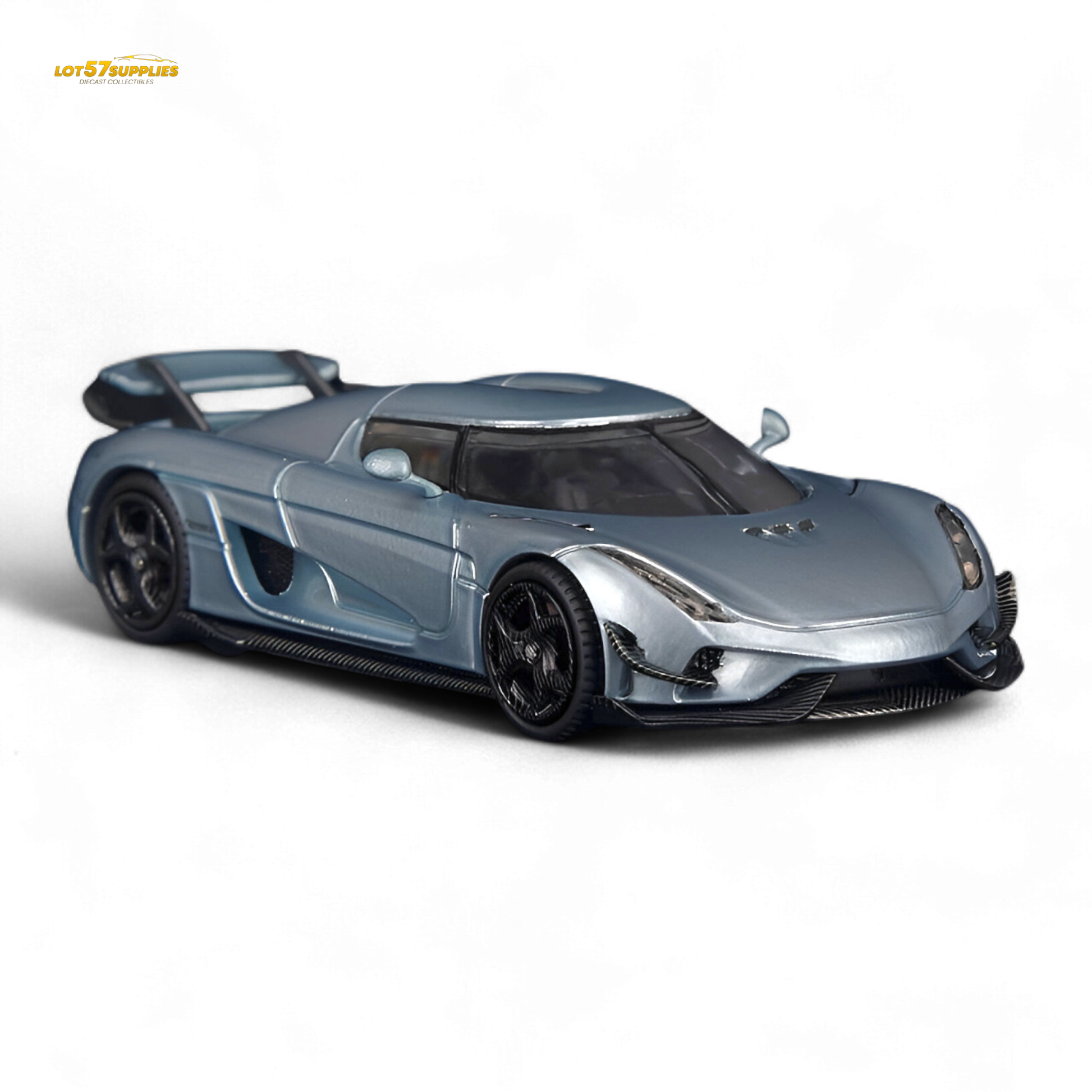 Miniature blue Regera diecast car model in 1:64 scale by Lot57Supplies Diecast Shop, showcasing detailed design and vibrant glacier blue color.