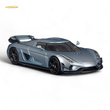 Miniature blue Regera diecast car model in 1:64 scale by Lot57Supplies Diecast Shop, showcasing detailed design and vibrant glacier blue color.