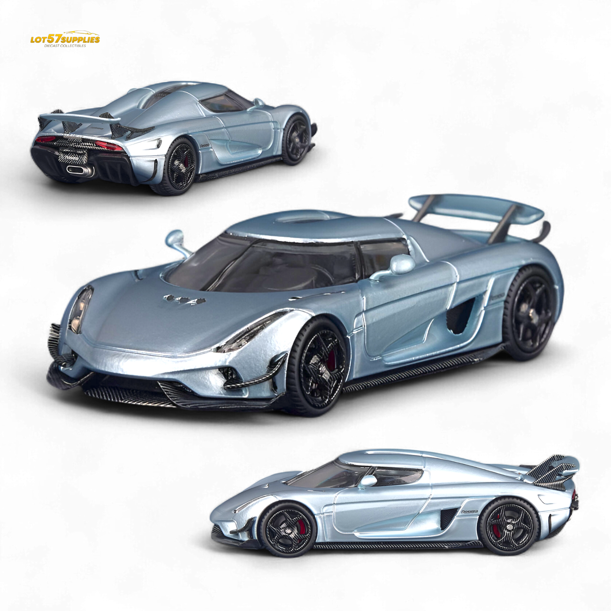 Miniature blue Regera diecast car model by Lot57Supplies, detailed Glacier Blue 1:64 scale collectible toy.