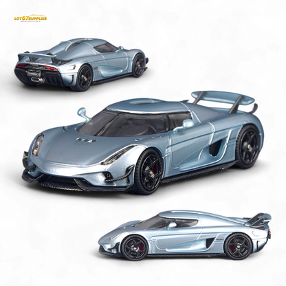 Miniature blue Regera diecast car model by Lot57Supplies, detailed Glacier Blue 1:64 scale collectible toy.