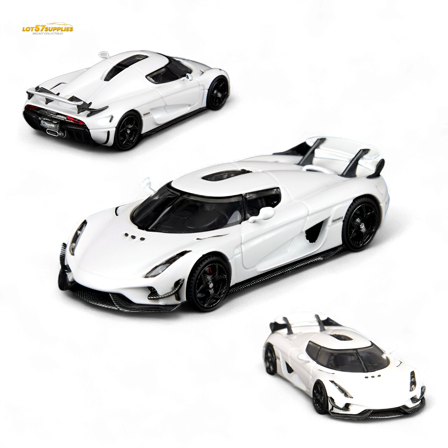 White 1:64 scale Regera diecast model by SC Art, featuring detailed pearl white finish from Lot57Supplies Diecast Shop.