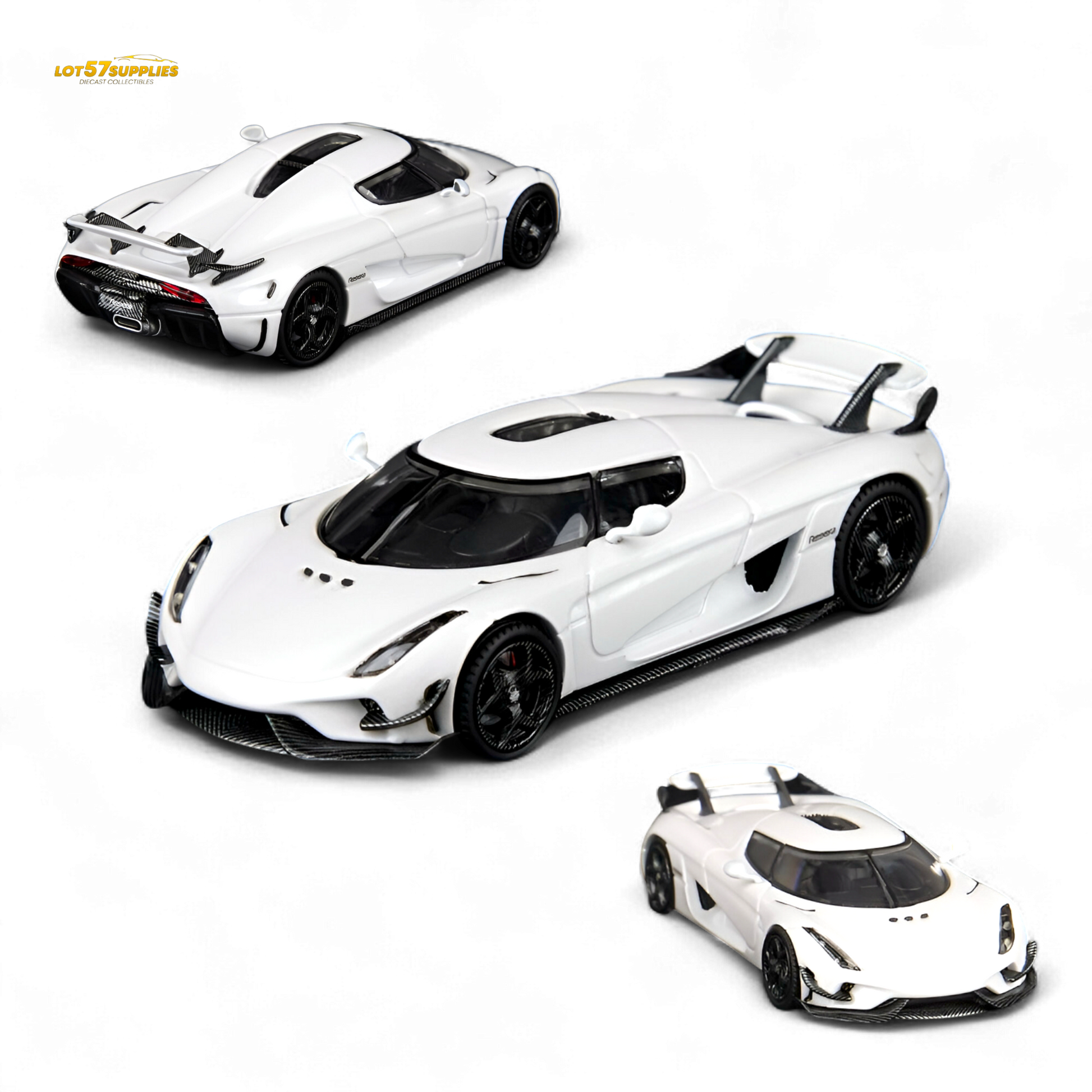 White 1:64 scale Regera diecast model by SC Art, featuring detailed pearl white finish from Lot57Supplies Diecast Shop.