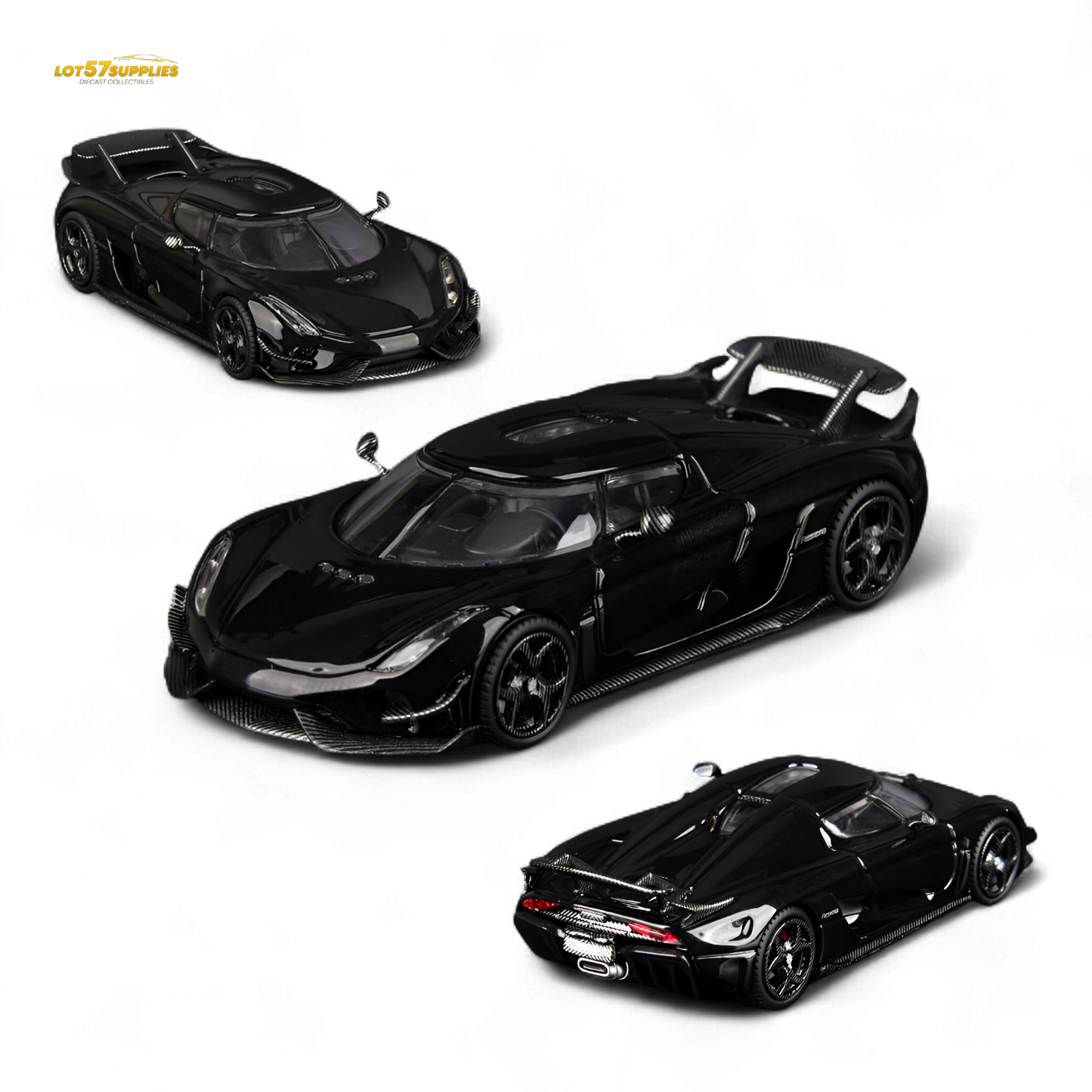 Pre-order Lot57Supplies Diecast Shop Regera Pearl Black 1:64 scale model car, detailed diecast collectible.