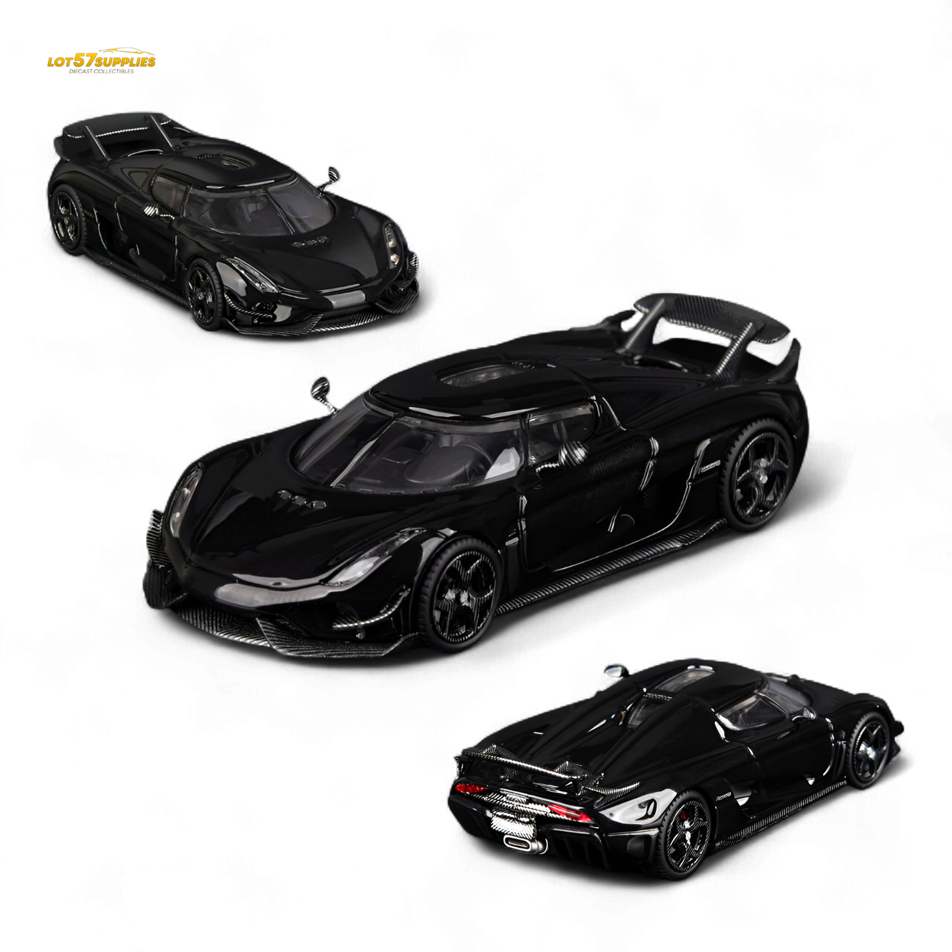 Pre-order Lot57Supplies Diecast Shop Regera Pearl Black 1:64 scale model car, detailed diecast collectible.