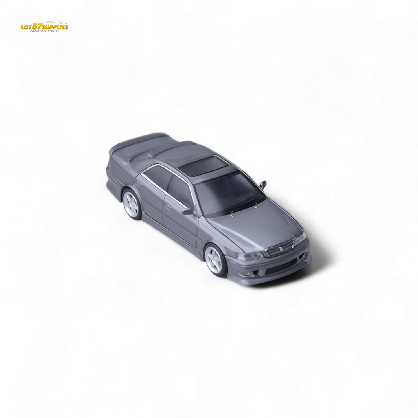 Detailed image of a gunmetal gray Model One Toyota JZX100 diecast car, showcasing realistic features and compact size.