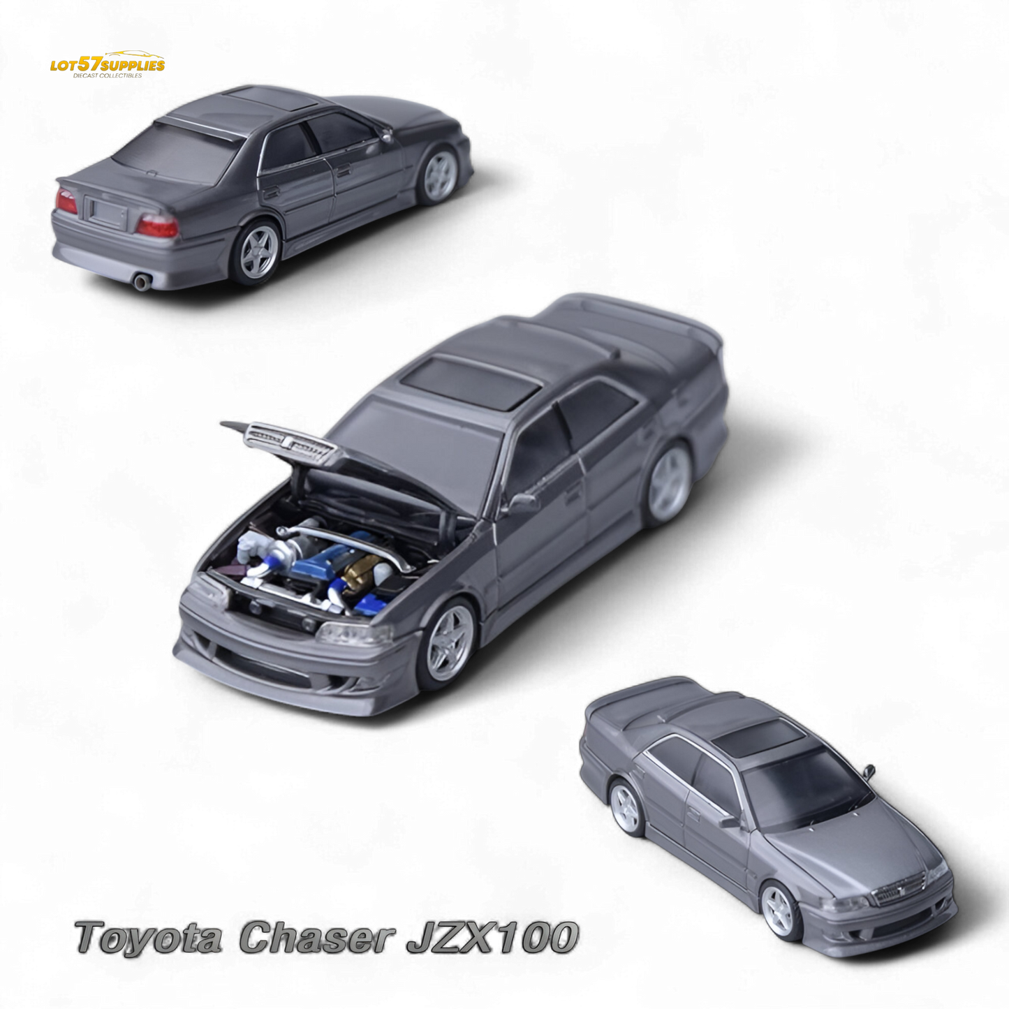Gunmetal gray Toyota JZX100 diecast model car by Lot57Supplies, detailed 1:64 scale Toyota vehicle for collection or display.