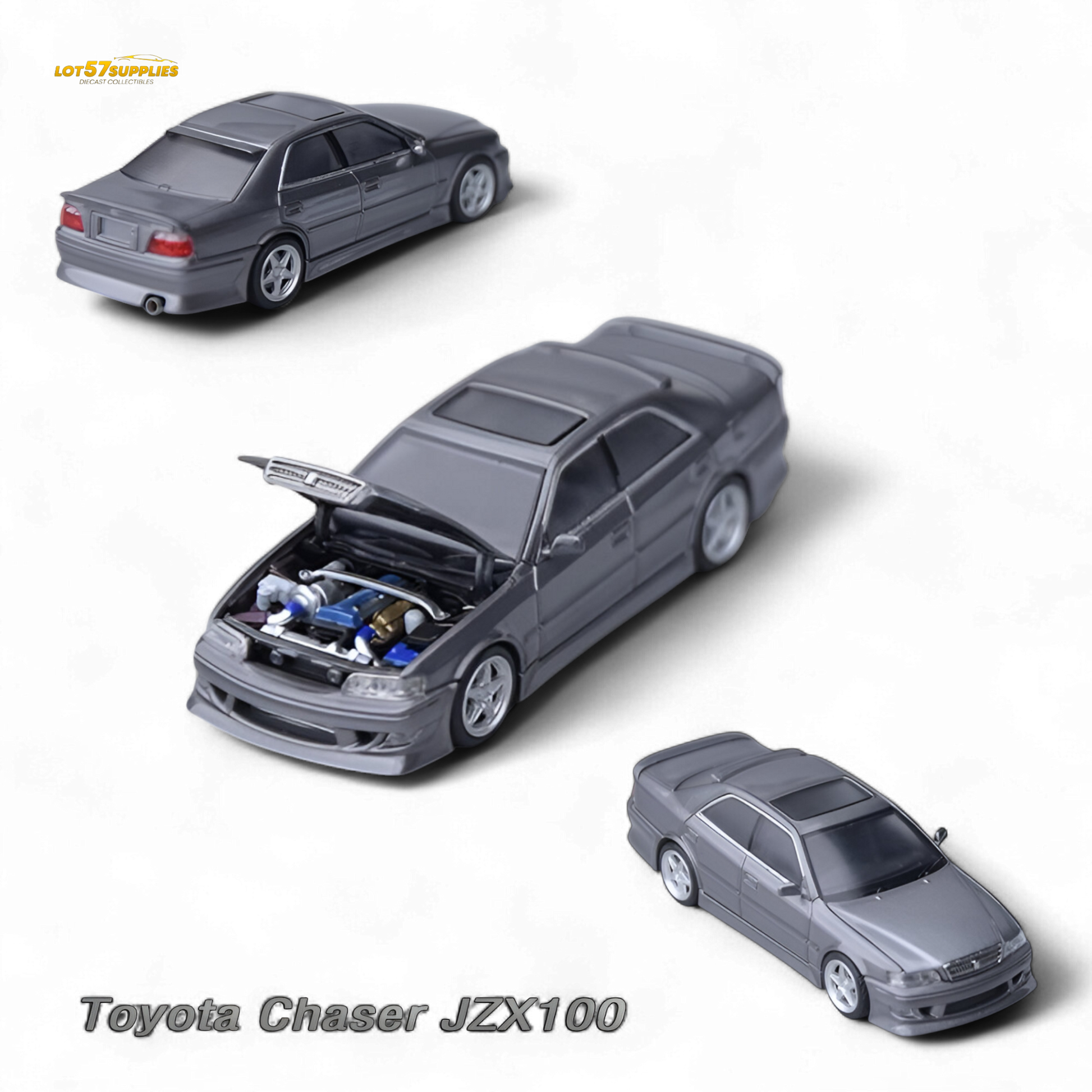 Gunmetal gray Toyota JZX100 diecast model car by Lot57Supplies, detailed 1:64 scale Toyota vehicle for collection or display.