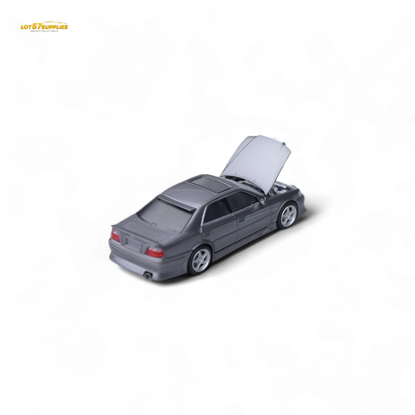 Gunmetal gray Toyota JZX100 diecast model car by Lot57Supplies, detailed 1:64 scale toy vehicle for collectors.