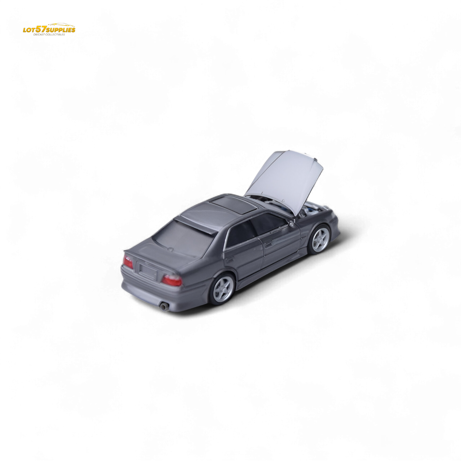 Gunmetal gray Toyota JZX100 diecast model car by Lot57Supplies, detailed 1:64 scale toy vehicle for collectors.