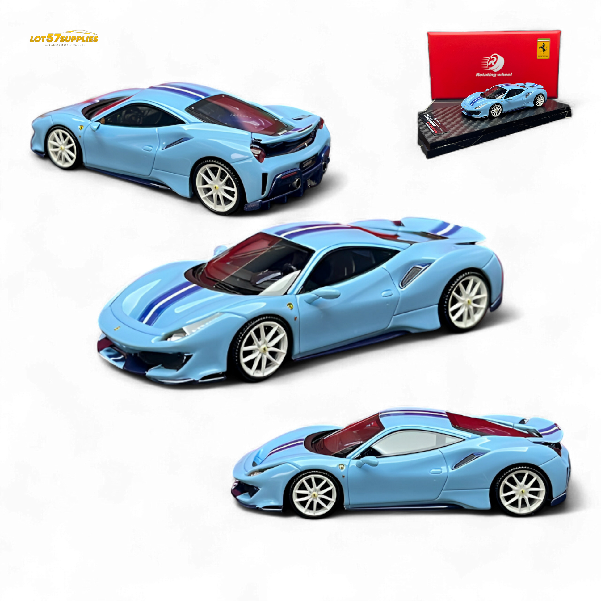 Silver and blue Ferrari 488 Pista diecast wheel toy, detailed 1:64 scale model from Lot57Supplies Diecast Shop