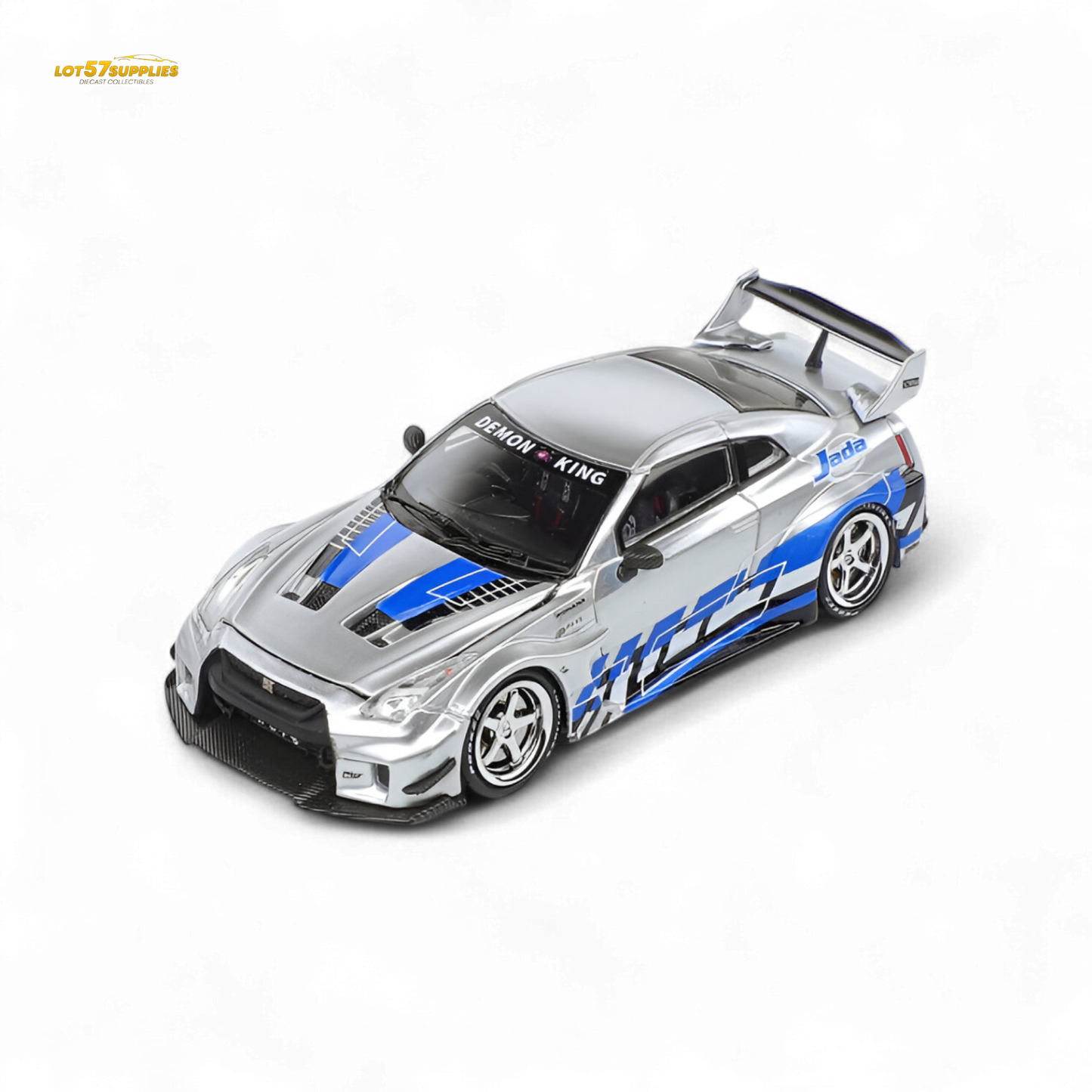 Diecast Nissan GTR35 RR Blueberry Livery by Lot57Supplies, 1:64 scale model with detailed blue and white design.