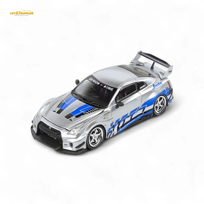 Diecast Nissan GTR35 RR Blueberry Livery by Lot57Supplies, 1:64 scale model with detailed blue and white design.