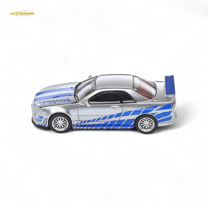 Nissan Demon King Auto Skyline GT-R R34 Z-Tune diecast model in 1:64 scale, detailed black and gold finish, collectible car toy