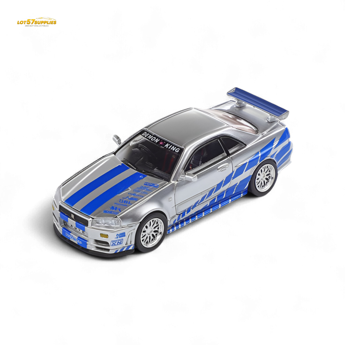 Diecast Nissan Skyline GT-R R34 Z-Tune model by Lot57Supplies, detailed 1:64 scale in black with racing decals.