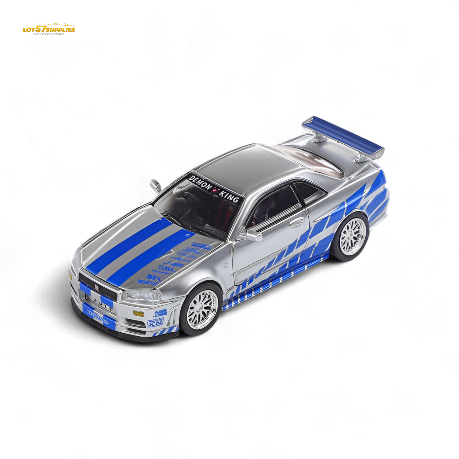 Diecast Nissan Skyline GT-R R34 Z-Tune model by Lot57Supplies, detailed 1:64 scale in black with racing decals.
