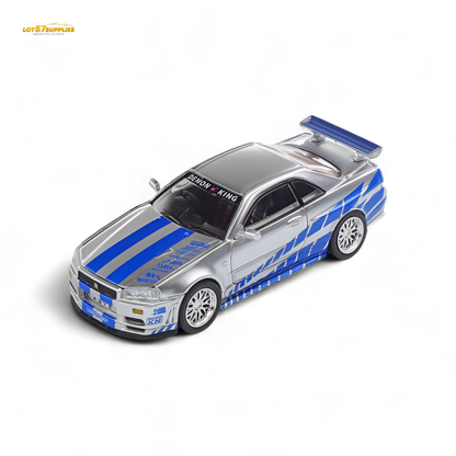 Diecast Nissan Skyline GT-R R34 Z-Tune model by Lot57Supplies, detailed 1:64 scale in black with racing decals.
