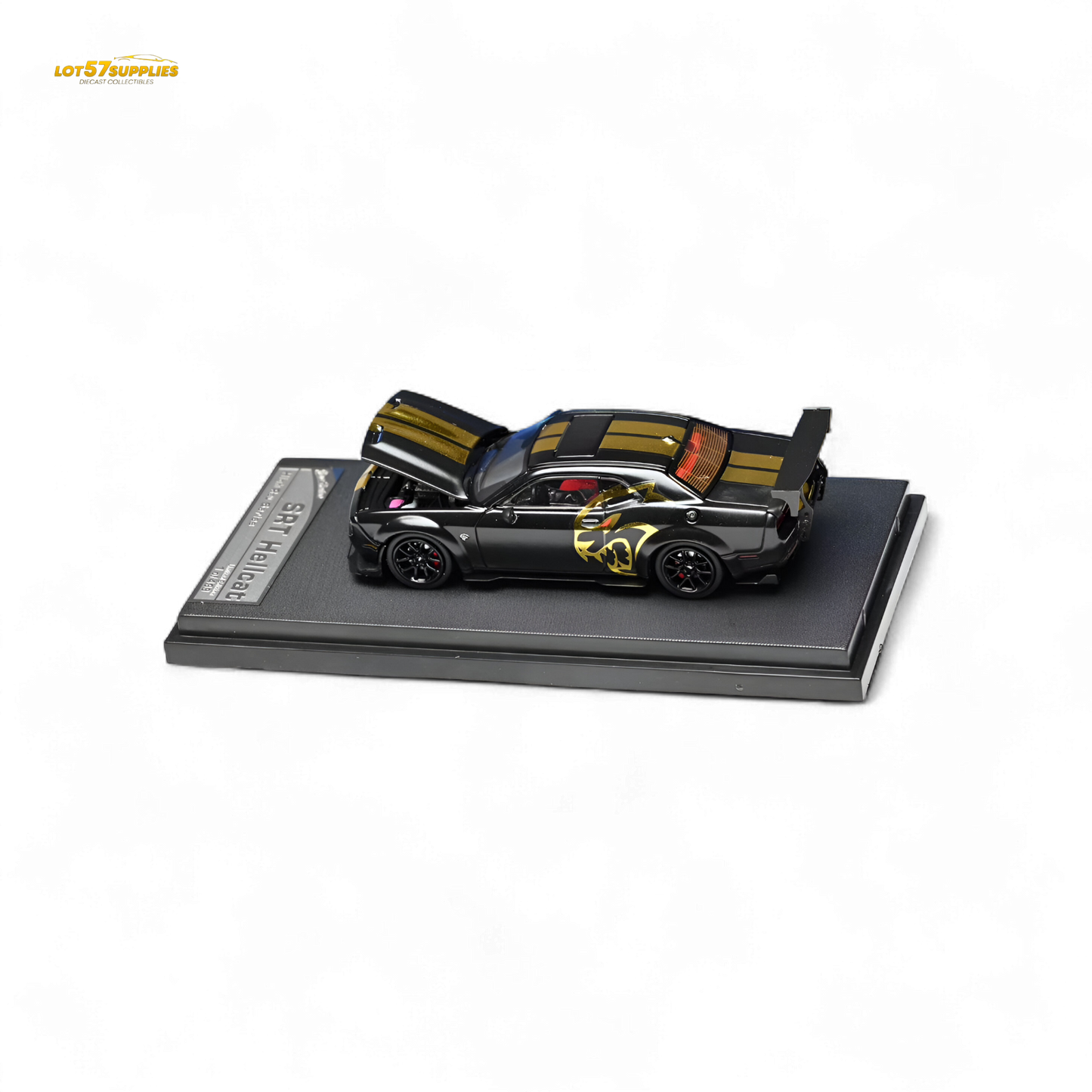 Dodge Stance Hunters Challenger SRT Hellcat diecast model in 1:64 scale, with detailed design and vibrant paint.